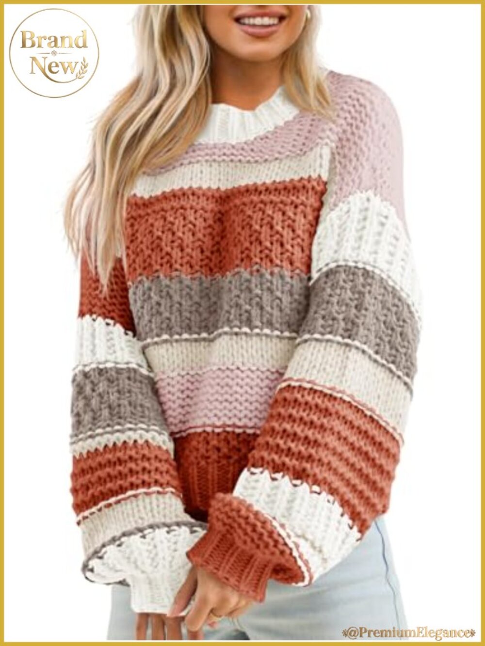 Women's Color Block Striped Chunky Knit Cropped Pullover Sweater Loose Fit